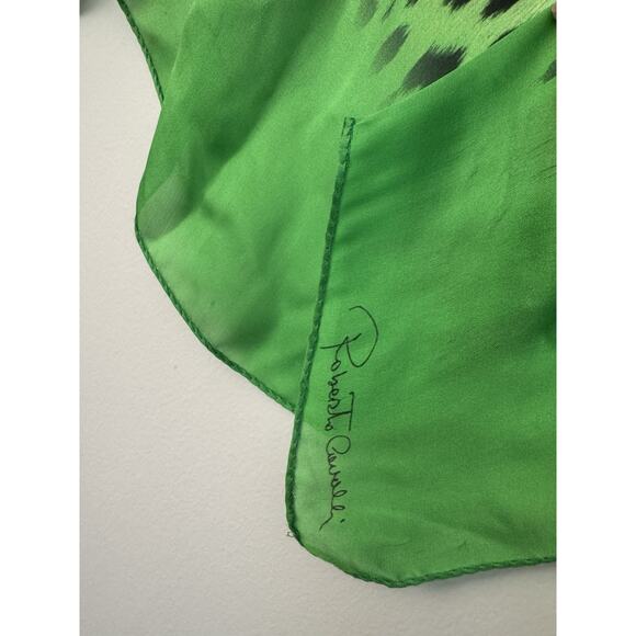 Roberto Cavalli Silk Scarf 35x35 Green Leopard Animal Print - Picture 2 of 5